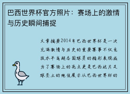 巴西世界杯官方照片：赛场上的激情与历史瞬间捕捉